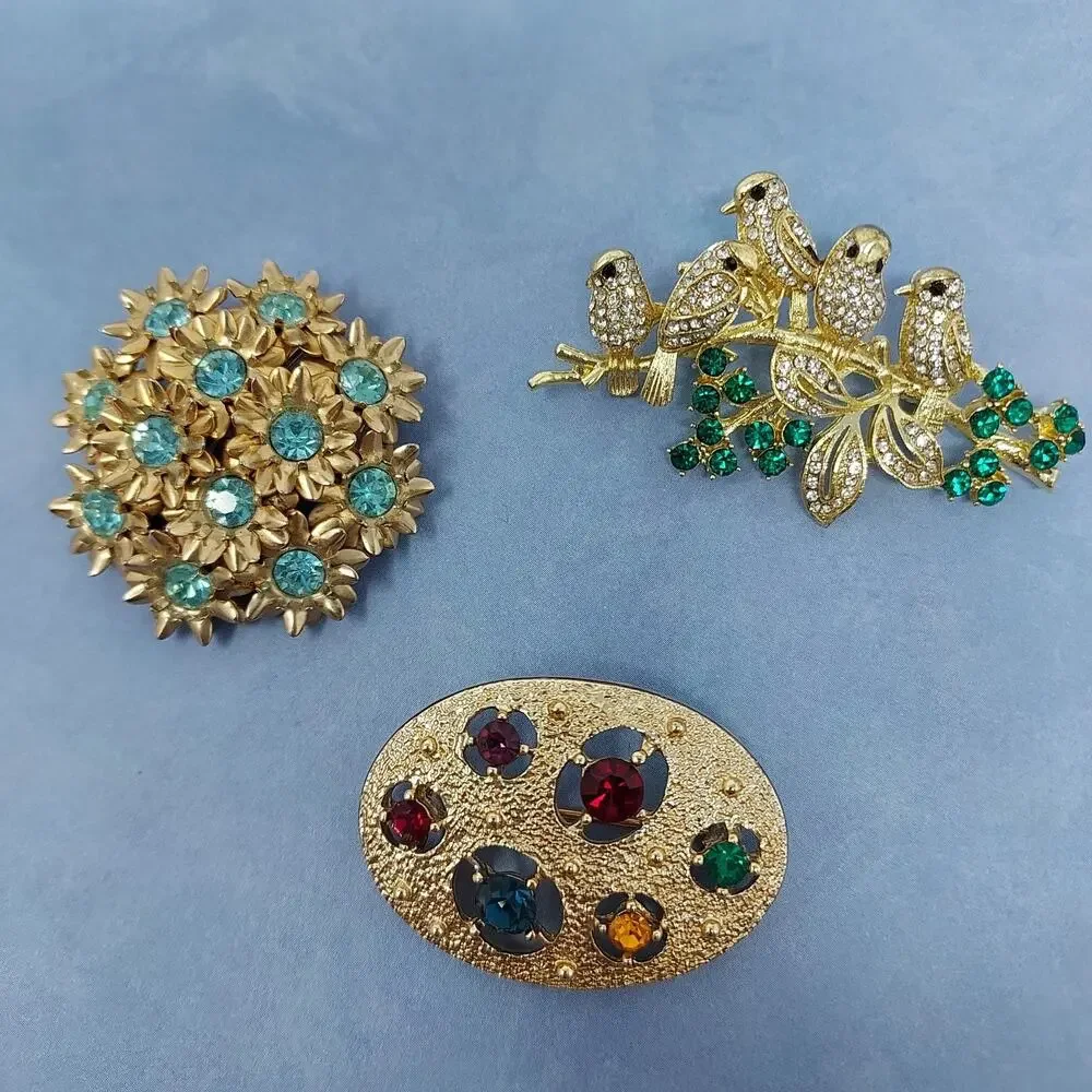 Set 3 Vintage Gold Tone Rhinestone Brooches 1 Signed Emmons Flower Birds Oval